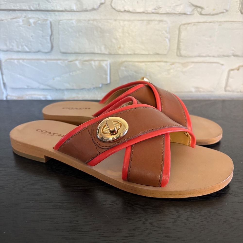 Coach Coral Turnlock Leather Slides Brown Leather Women's Size 5.5